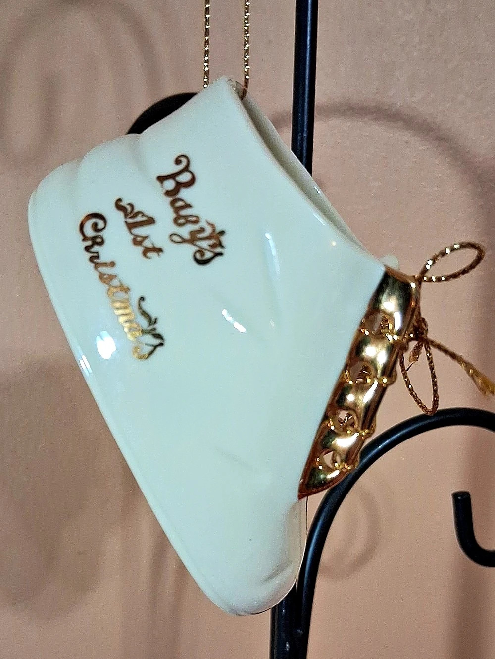 Baby's First Christmas Ornament. Bone China Shoe With Gold Accents. Not Dated.